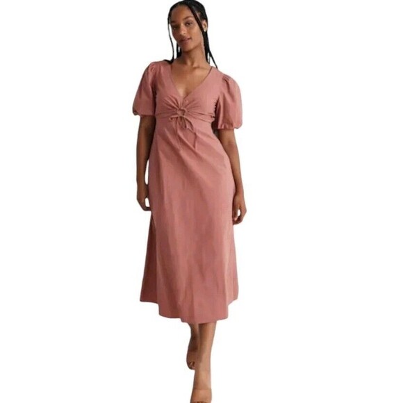 Madewell Midi Dress Women's 10 Puff Sleeve Resort Vintage Quartz Poplin Cutout - Picture 1 of 9